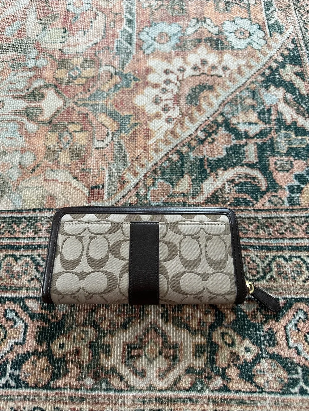 Coach Taupe and Dark Brown Signature Zip Wallet with Gold Buckle
